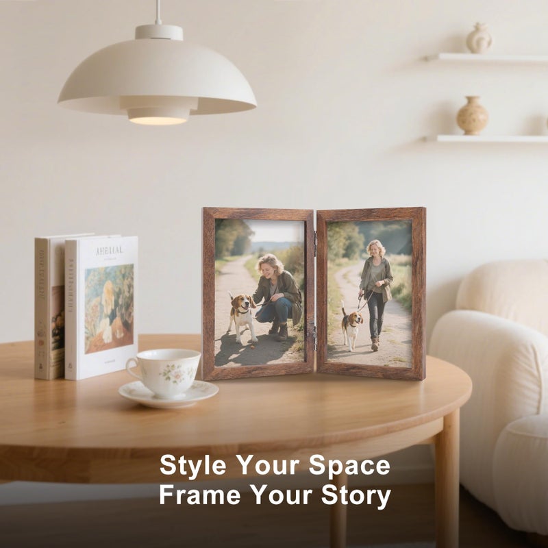 Forev 4x6 Double Picture Frame Wooden Hinged Photo Frame Definition Glass Stand Vertically on Desktop or Tabletop Rustic Wood - Image 5